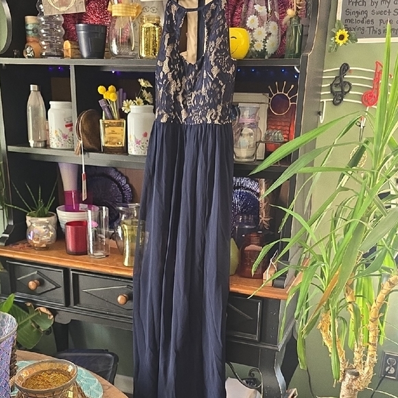 Xtraordinary Navy and Beige Lace Prom Dress - Picture 1 of 7